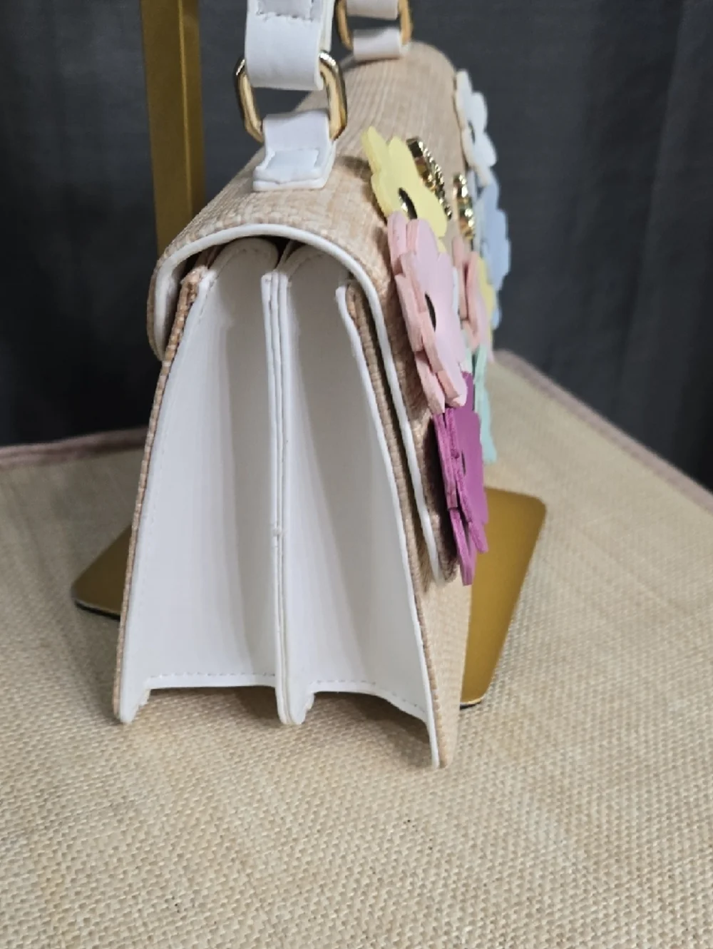 SALE! NWOT! Betsey Johnson Beige Straw Satchel with Flower Accents